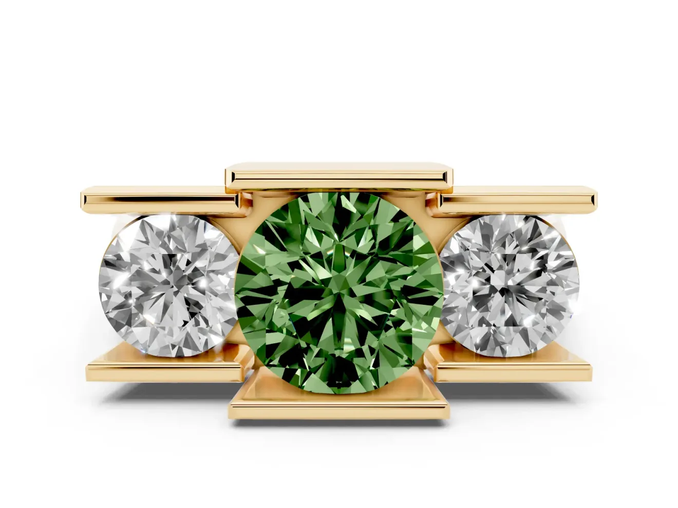 Fancy Green Round Cut Diamond Three-Stone Channel Set Ring Set in Yellow gold with Smooth Polished Band