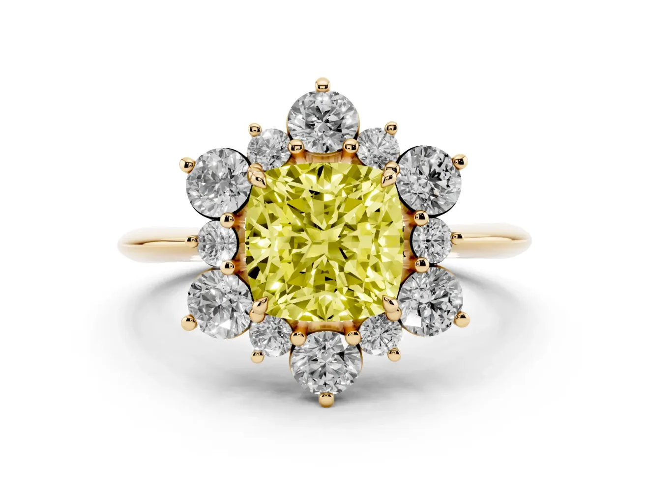 Cushion Cut Cluster Halo Engagement Ring Setting for a Fancy Yellow Lab-Grown Diamond | Yellow Gold