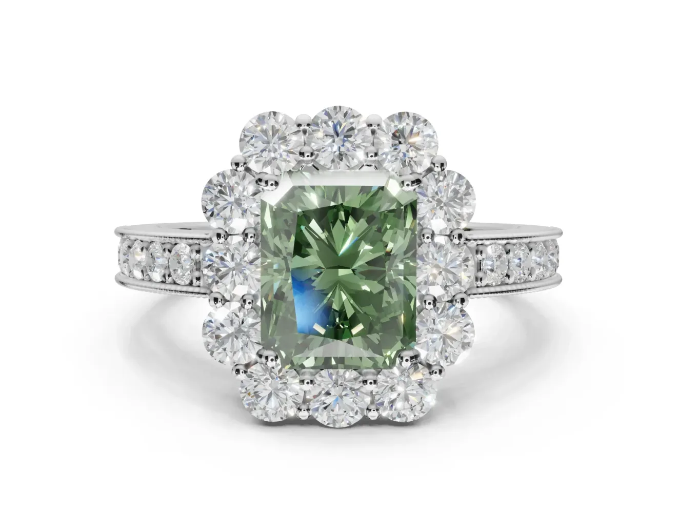 Radiant Cut Vintage Halo Engagement Ring Setting for a Fancy Green Lab-Grown Diamond | Sterling Silver