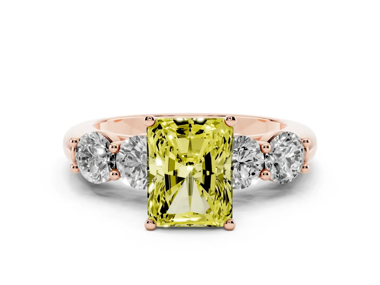 Radiant Cut Five Stone Engagement Ring Setting for a Fancy Yellow Lab-Grown Diamond | Prong Set Side Stones | Rose Gold