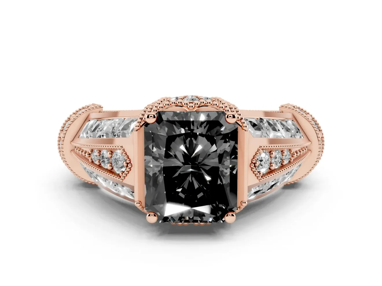 Fancy Black Radiant Cut Diamond Vintage-Inspired Milgrain Ring Set in Rose gold with Accent Split Shank