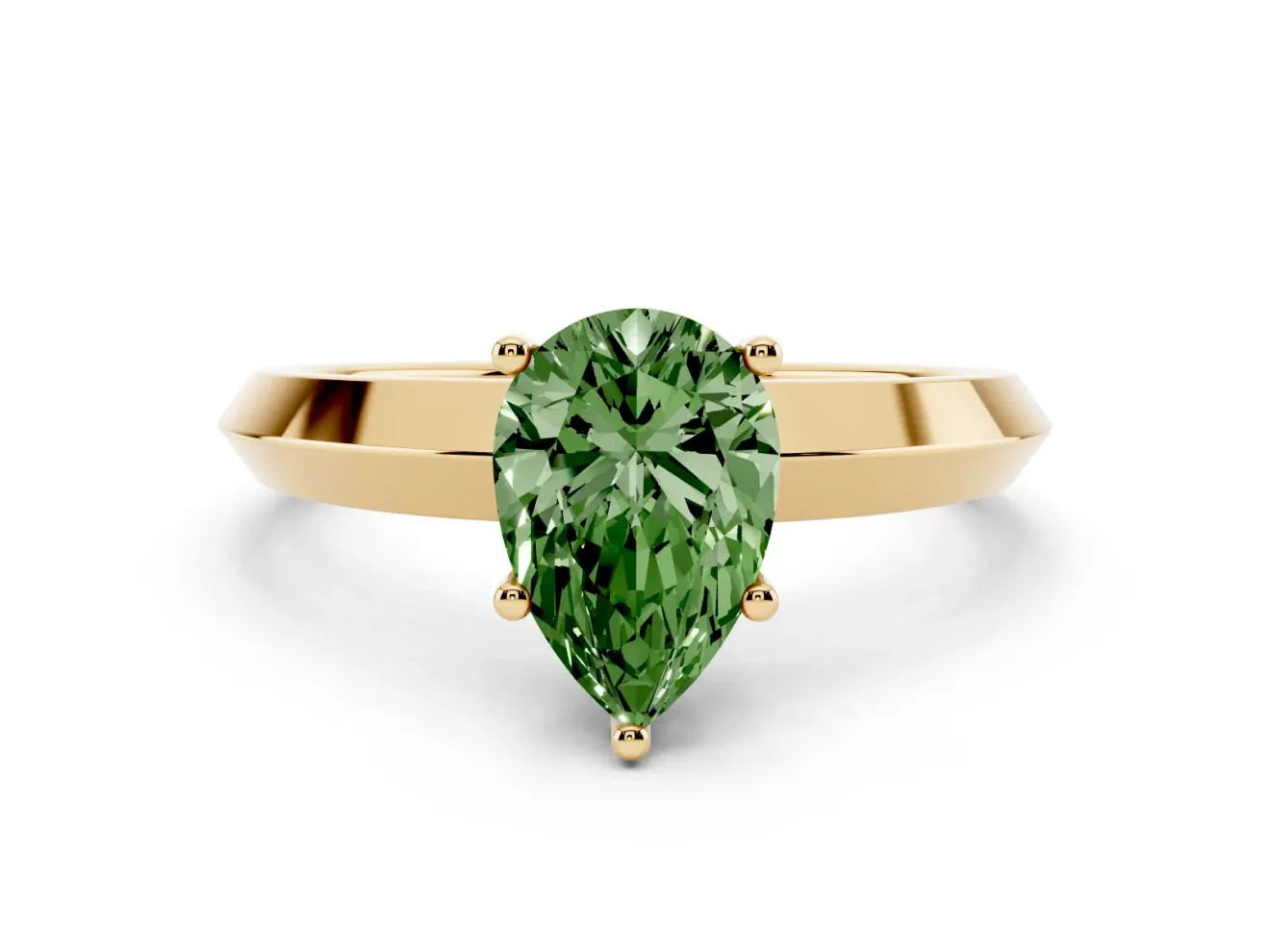 Fancy Green Pear Cut Diamond Solitaire Engagement Ring Set in Yellow gold with Flat Band and Prong Setting