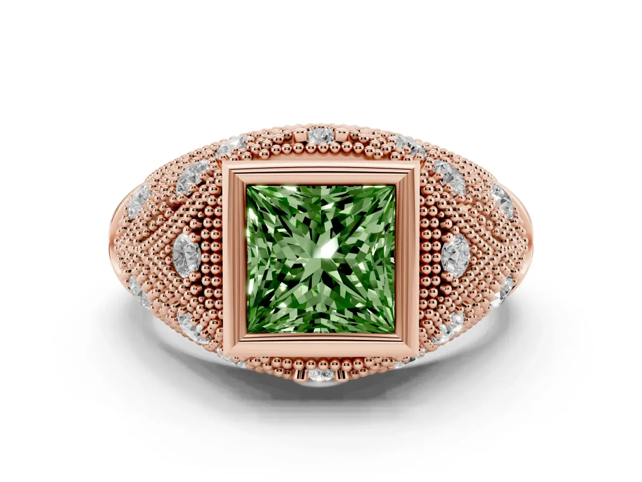 Fancy Green Princess Cut Diamond Bezel Ring Set in Rose gold with Milgrain Accent Band