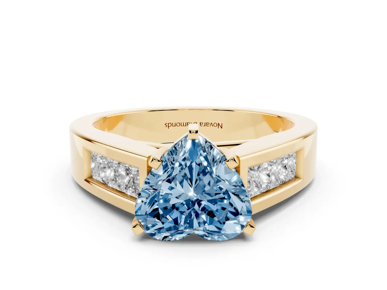 Fancy Blue Heart Cut Diamond Solitaire Ring Set in Yellow gold with Channel-Set Accent Stones and Prong Setting