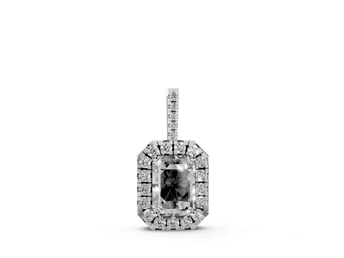Emerald Cut Lab-Grown Diamond Halo Pendant Necklace | Graduated Pavé Bail | Sterling Silver