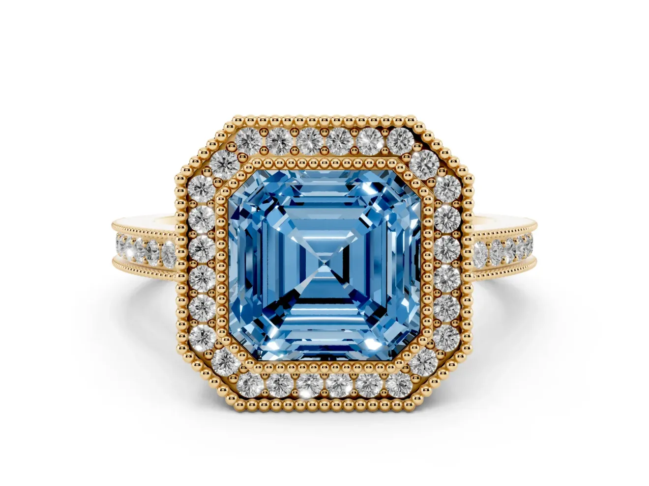 Fancy Blue Asscher Cut Diamond Halo Ring Set in Yellow gold with Pavé Band and Milgrain-Edged Prongs