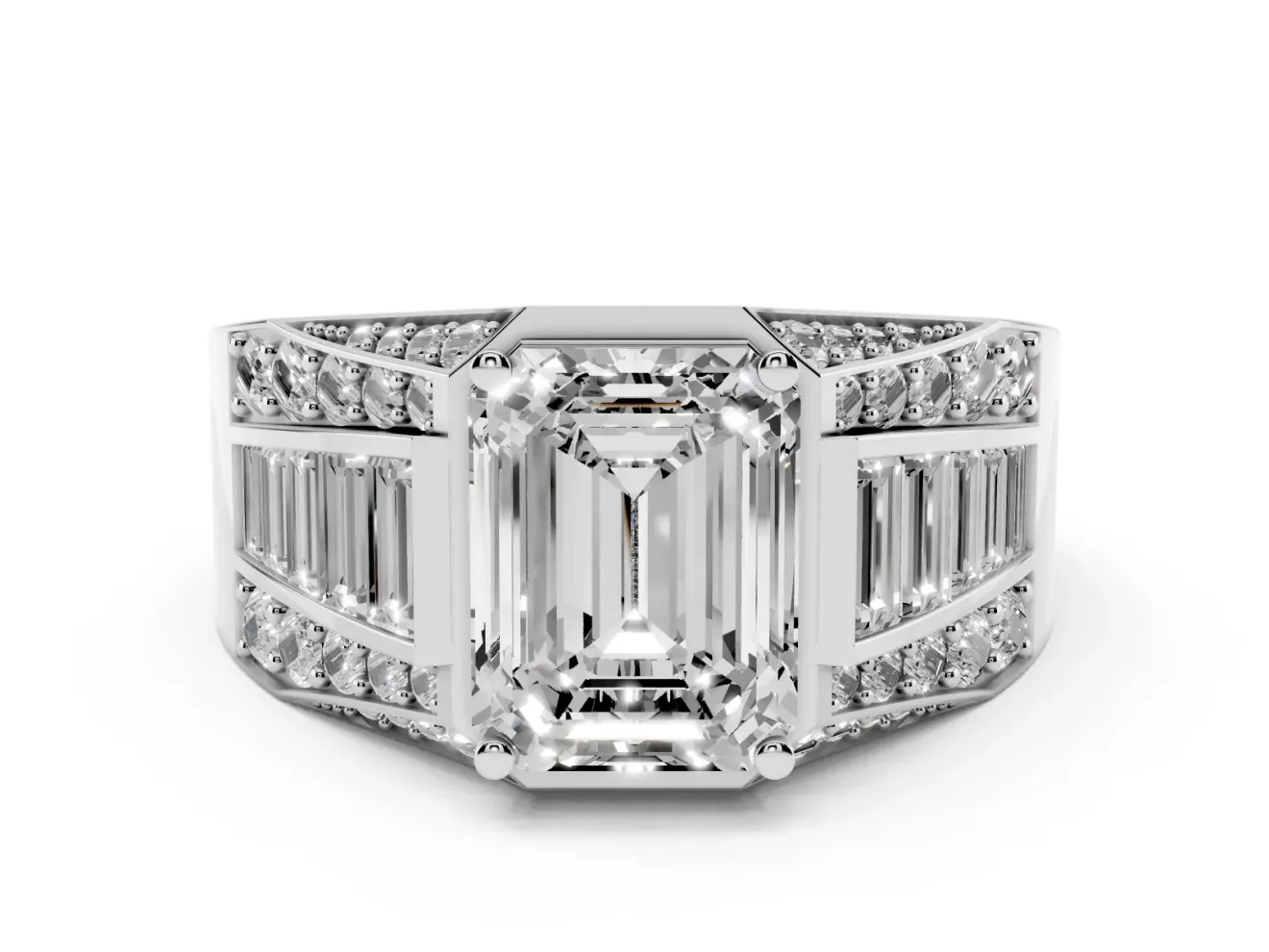 Emerald Cut Men's Graduated Baguette Engagement Ring Setting | Raised Frame Head | Platinum