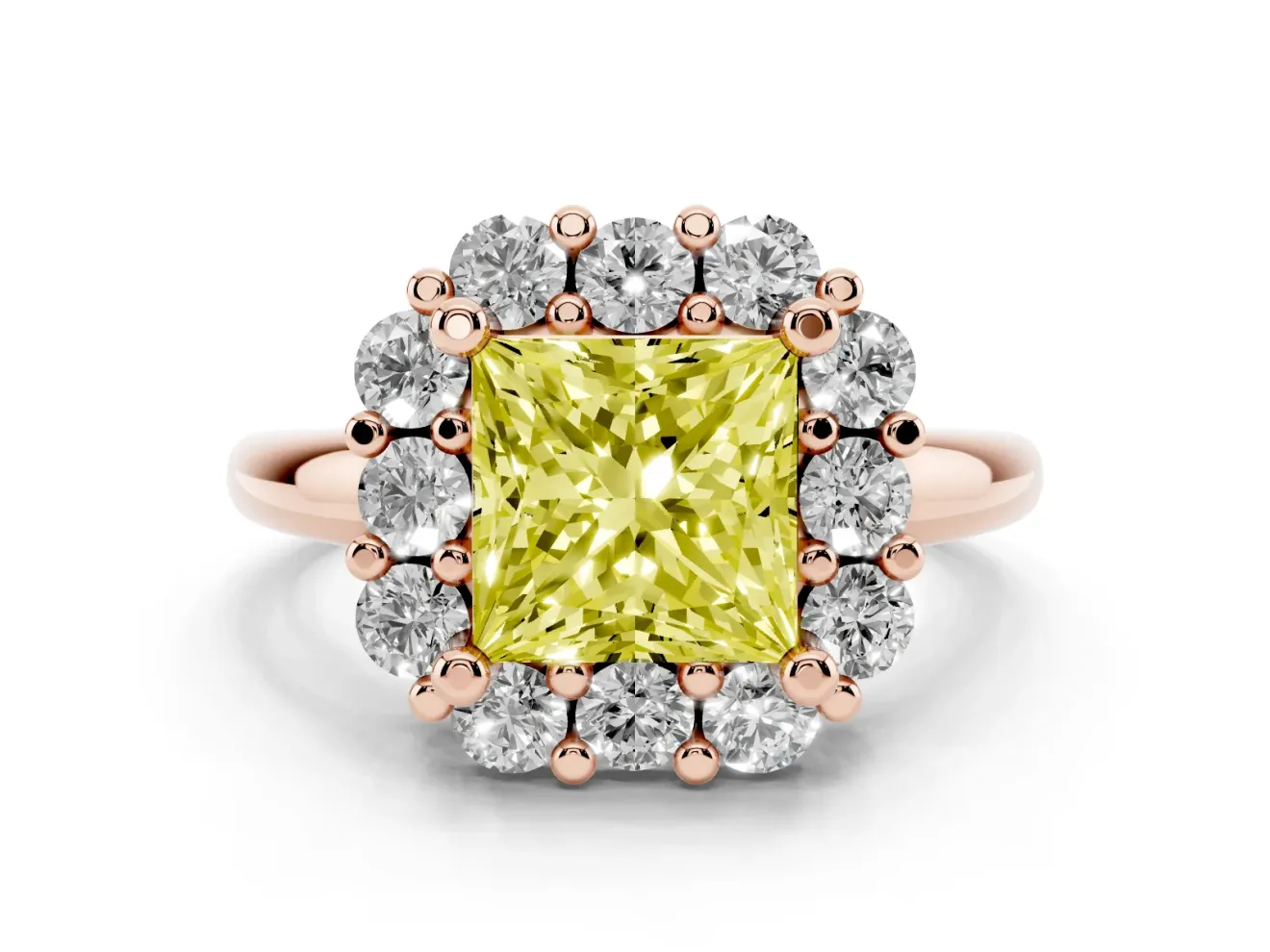 Princess Cut Cluster Halo Engagement Ring Setting for a Fancy Yellow Lab-Grown Diamond | Large Round Accents | Rose Gold