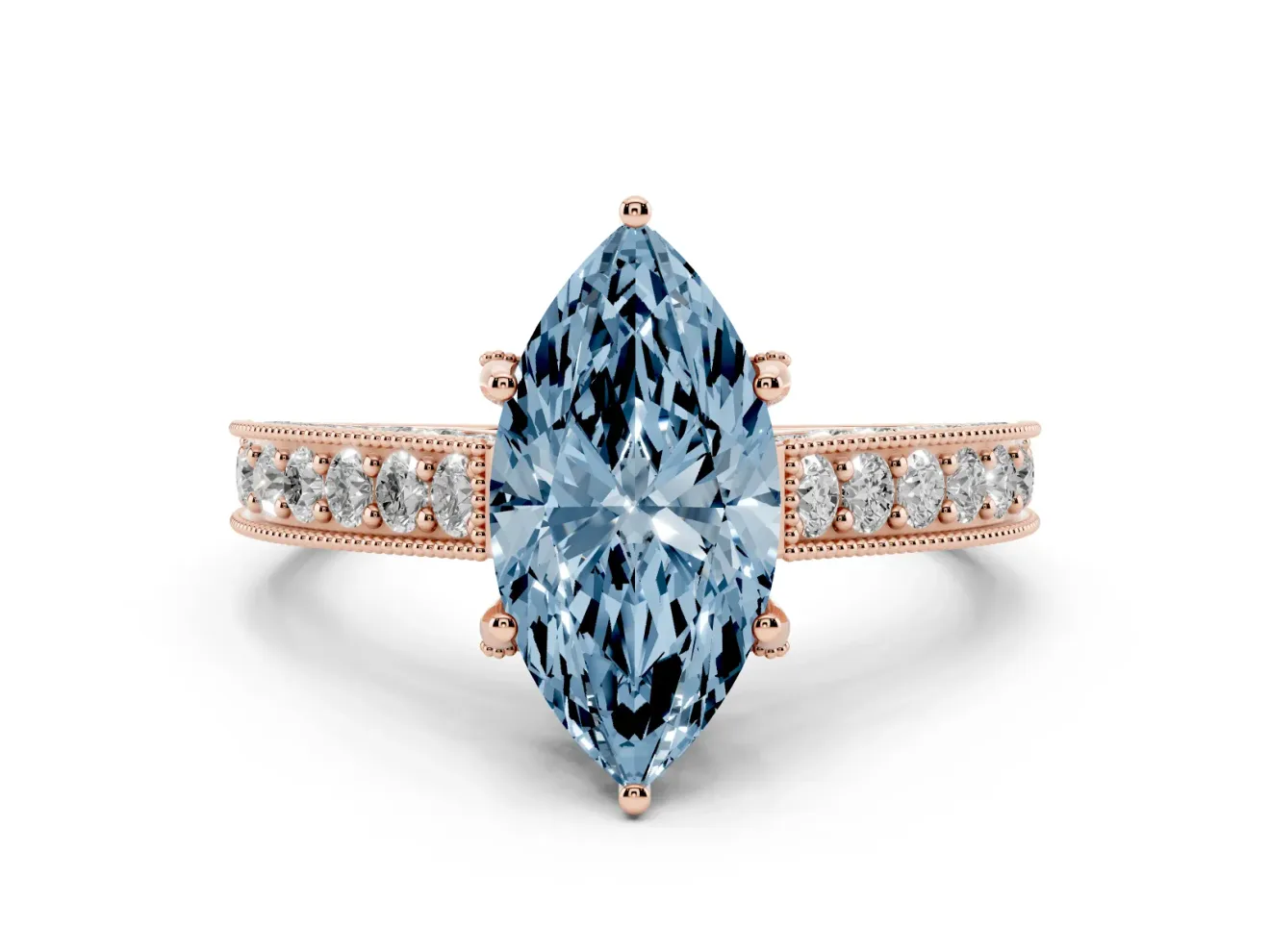 Marquise Vintage Hidden Halo Engagement Ring Setting for a Fancy Blue Lab-Grown Diamond | Milgrain Pave Band | Rose Gold