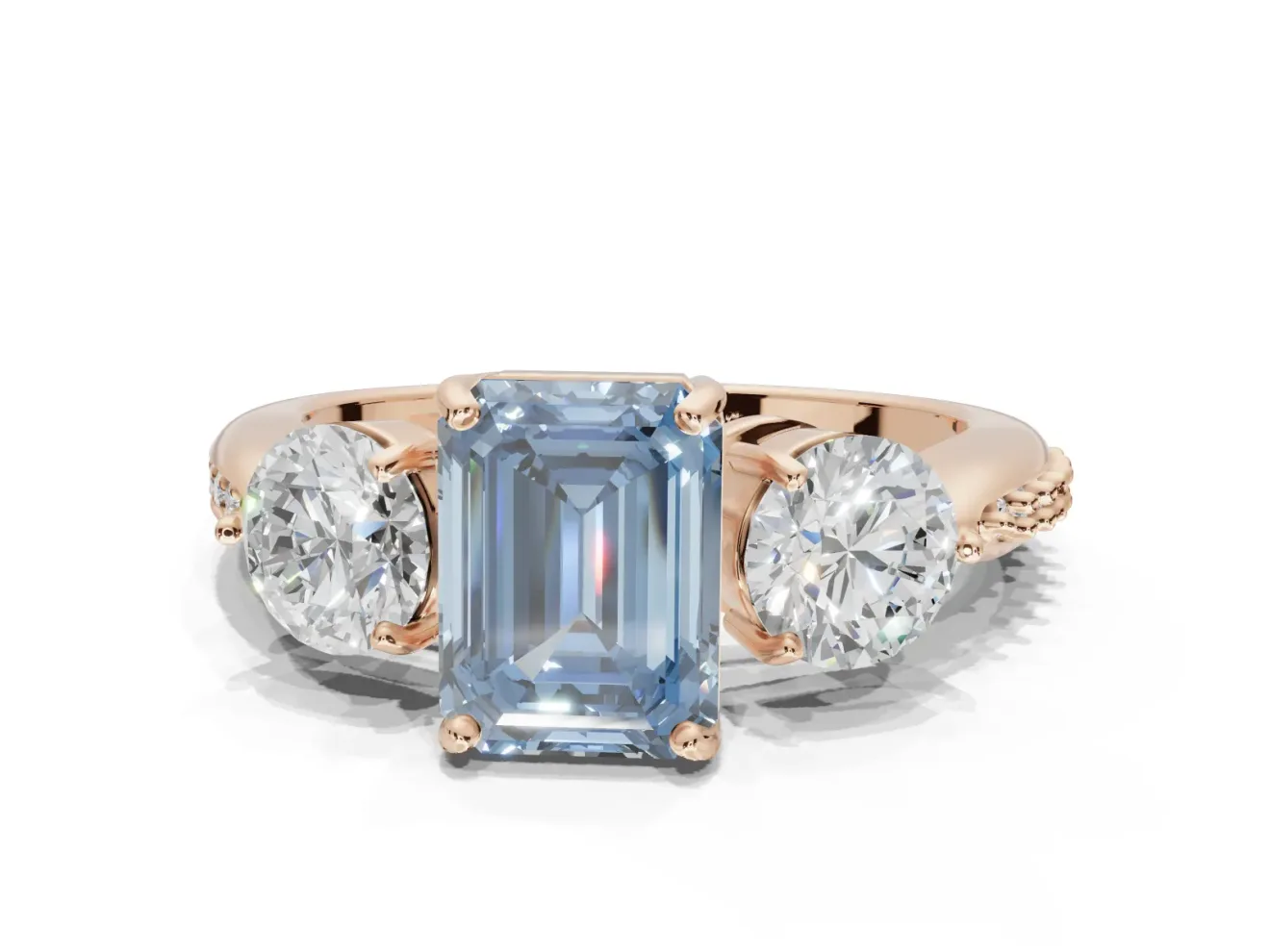 Emerald Cut Three Stone Engagement Ring Setting for a Fancy Blue Lab-Grown Diamond | Tapered Pave Band | Rose Gold