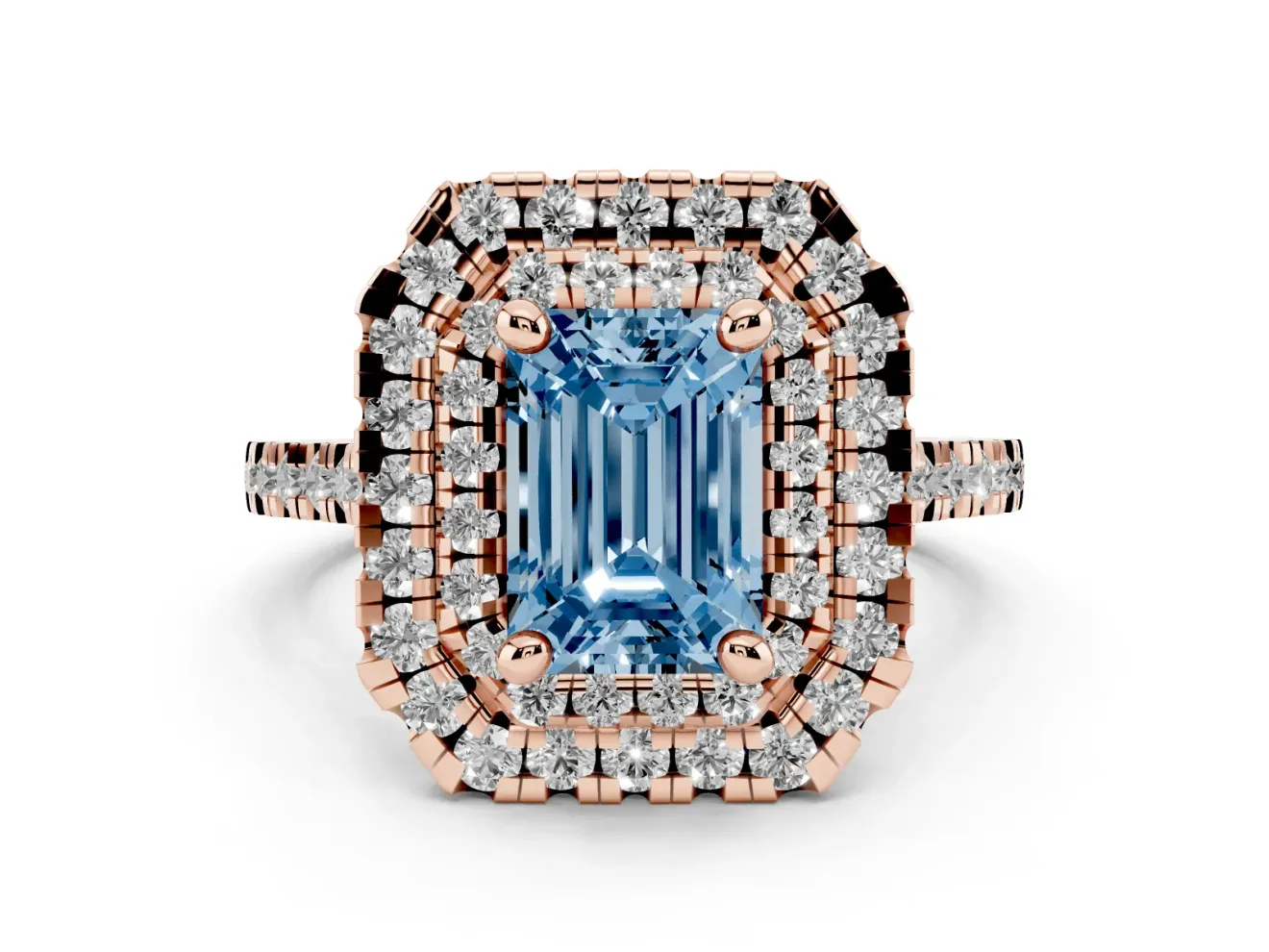 Fancy Blue Emerald Cut Diamond Double Halo Statement Ring Set in Rose gold with Pavé Band