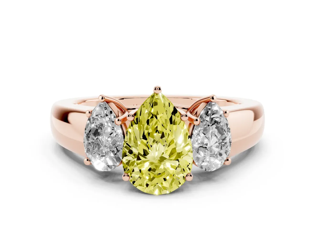 Fancy Yellow Three-Stone Pear Cut Diamond Ring Set in Rose gold with Matching Prong Settings and Plain Band