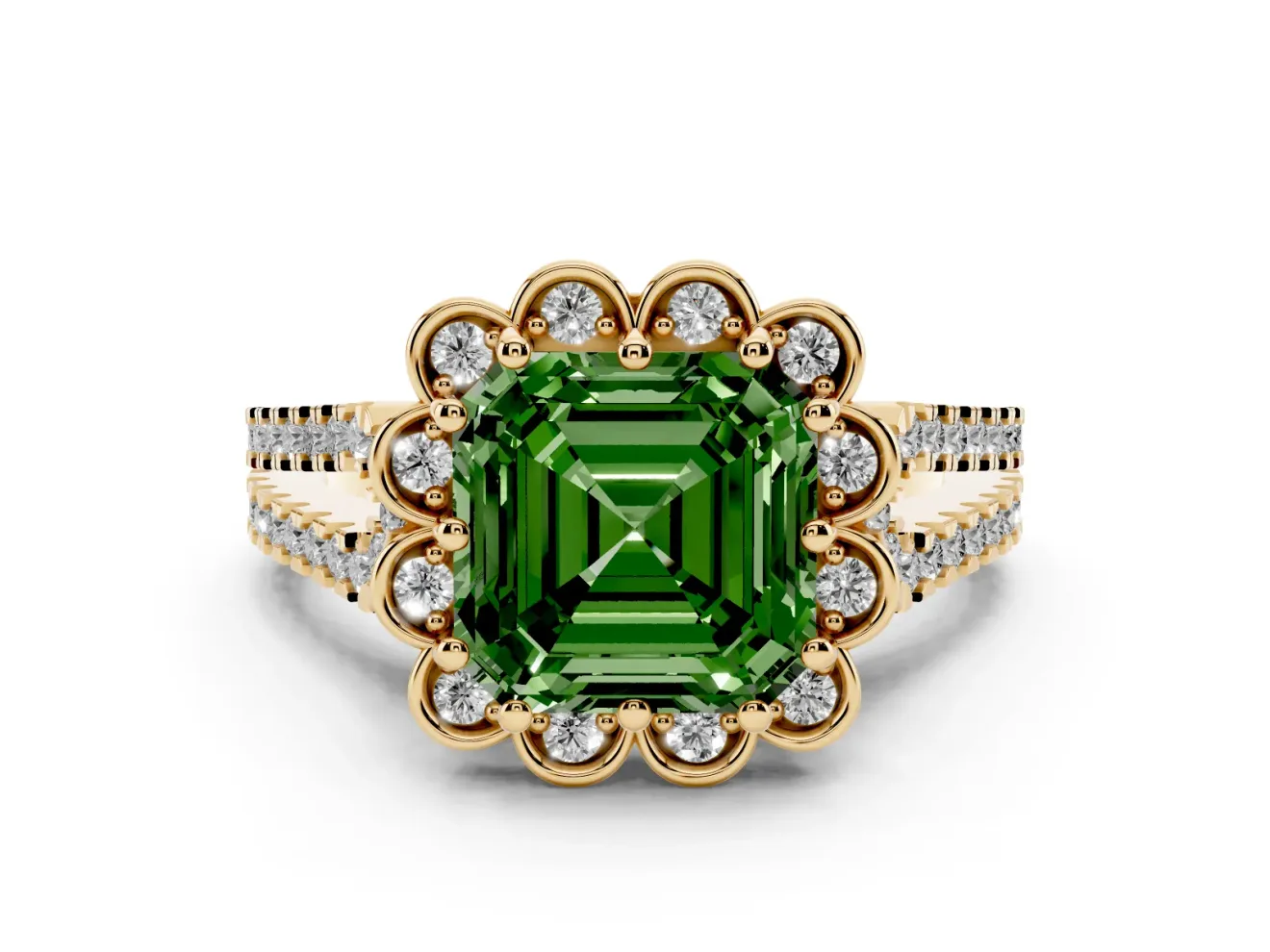 Asscher Cut Floral Halo Engagement Ring Setting for a Fancy Green Lab-Grown Diamond | Pavé Split Shank | Yellow Gold