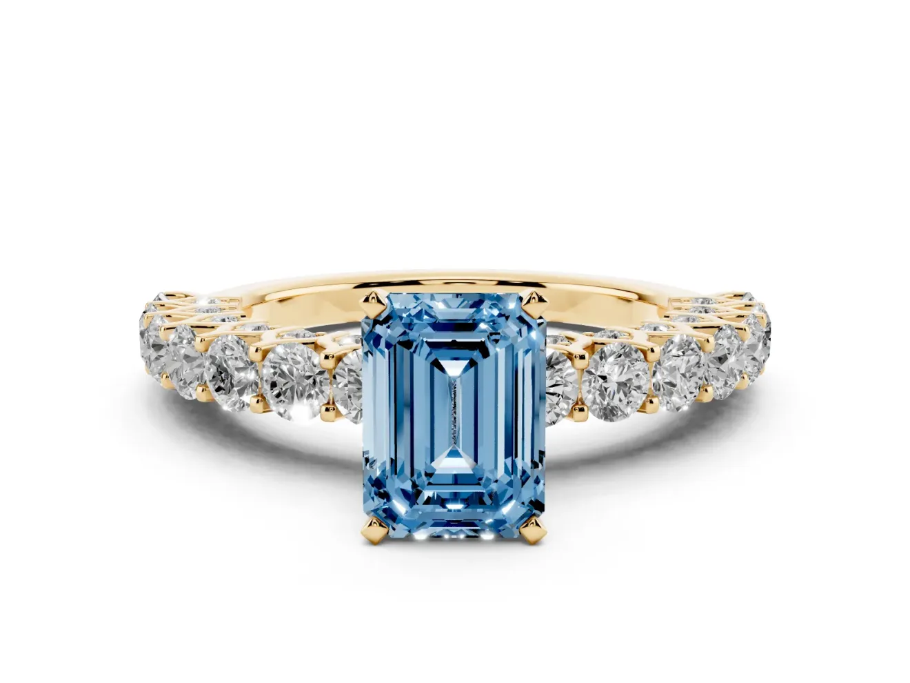 Emerald Cut Shared Prong Engagement Ring Setting for a Fancy Blue Lab-Grown Diamond | Yellow Gold