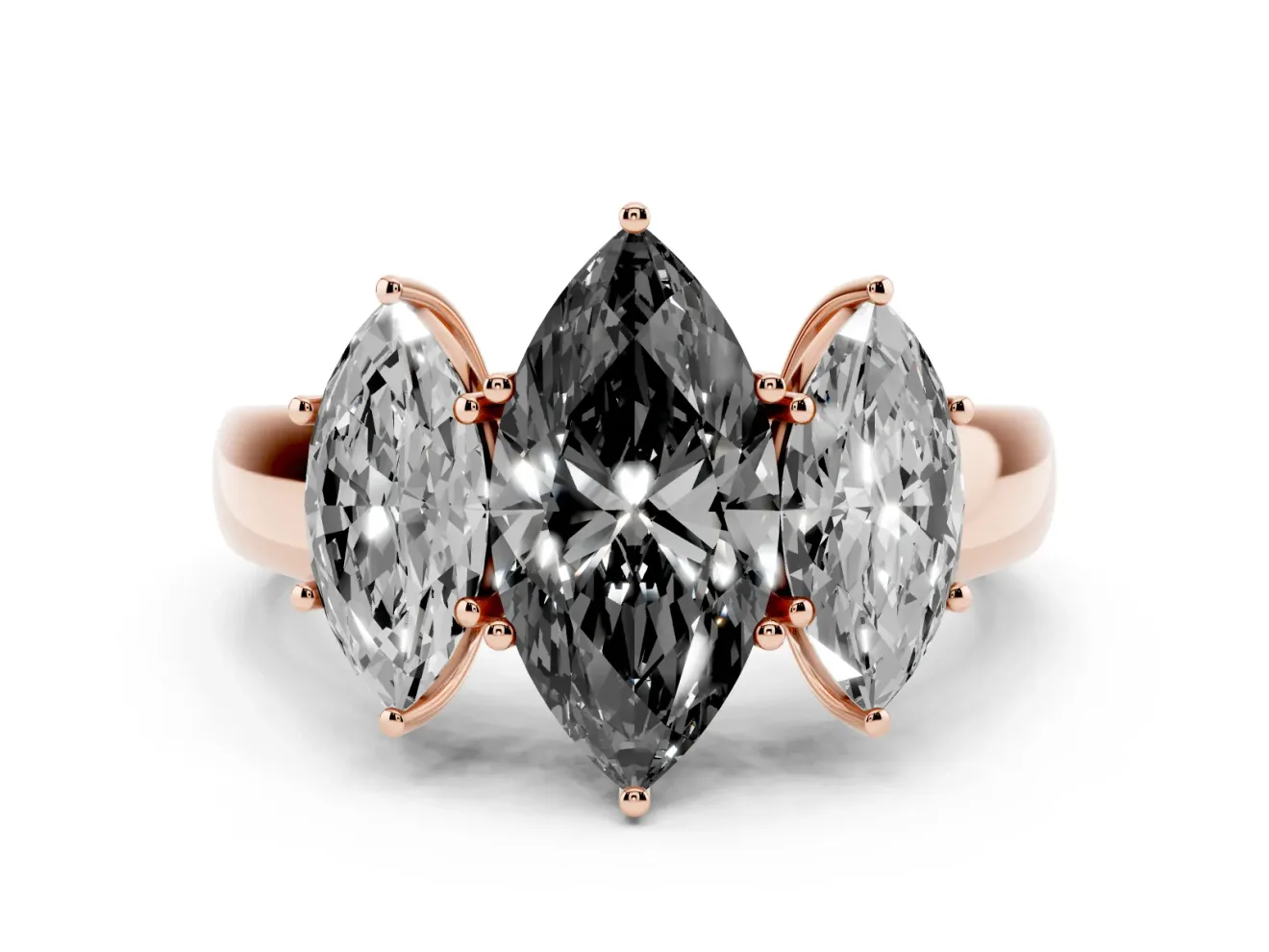 Fancy Black Three-Stone Marquise Cut Diamond Ring Set in Rose gold with Matching Prong Settings and Plain Band