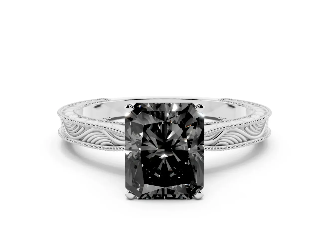 Fancy Black Radiant Cut Diamond Solitaire Milgrain Engraved Band Set in Silver with Prong Setting