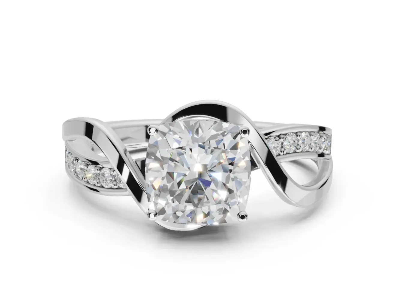 Cushion Cut Bypass Solitaire Engagement Ring Setting | Pavé and Plain Strands | Sterling Silver