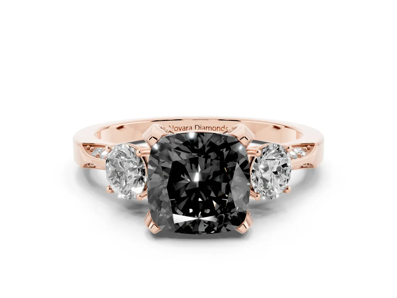 Cushion Cut Hidden Halo Three Stone Engagement Ring Setting for a Black Center | Rose Gold