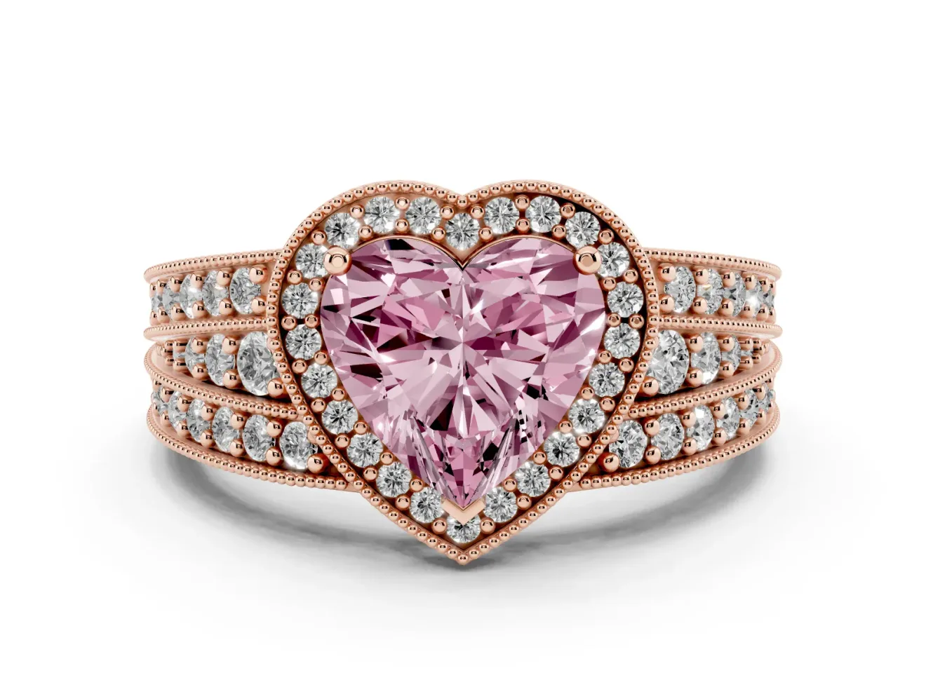 Fancy Pink Heart Cut Diamond Halo Ring Set in Rose gold with Accent Split Shank and Prong Setting