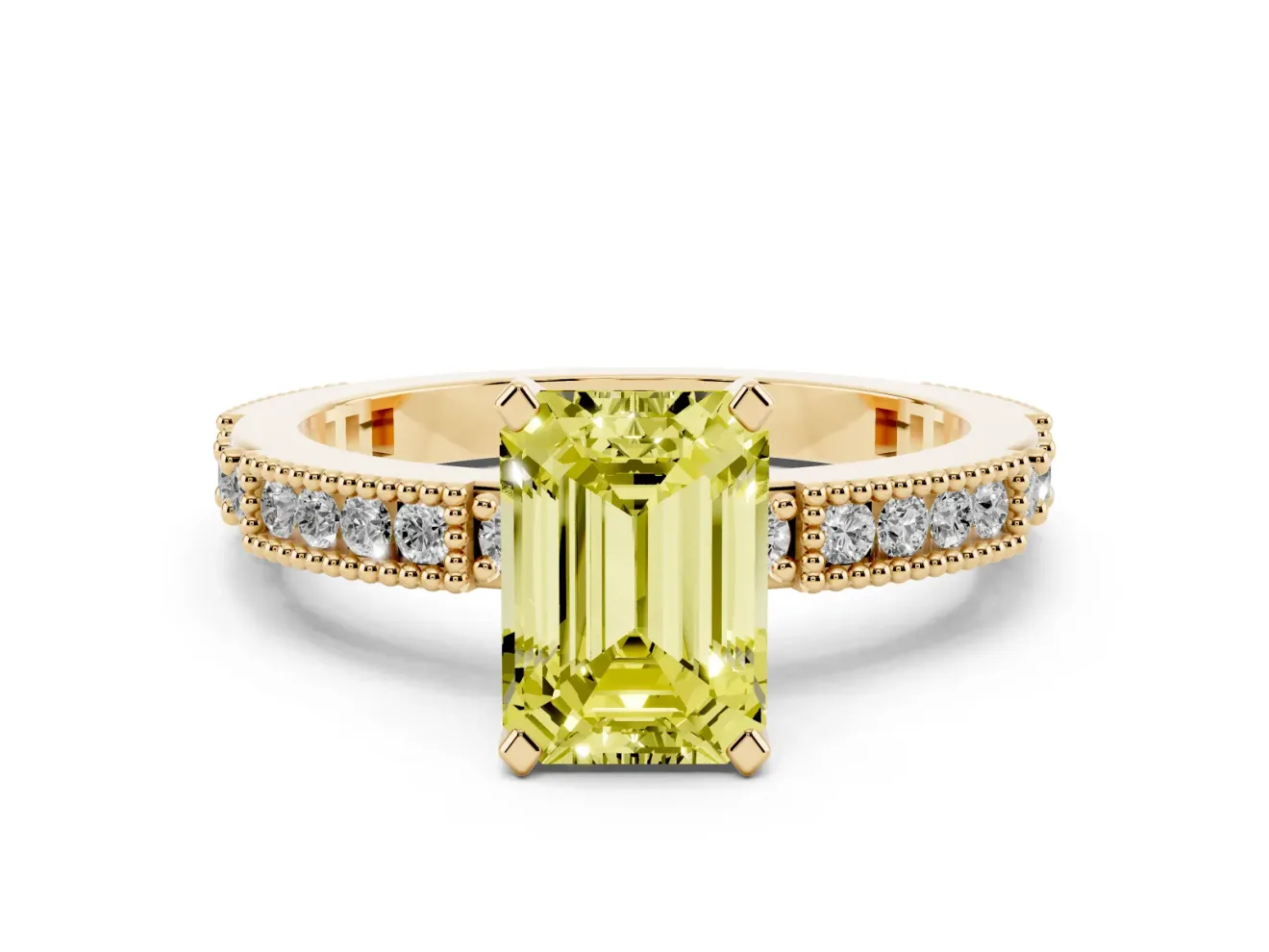 Emerald Cut Vintage Pavé Engagement Ring Setting for a Fancy Yellow Lab-Grown Diamond | Yellow Gold