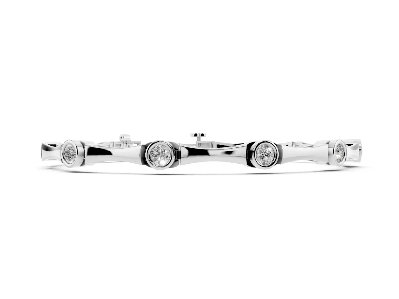 Round Lab-Grown Diamond Bezel Station Bamboo Link Bracelet | Hinged Links | Sterling Silver