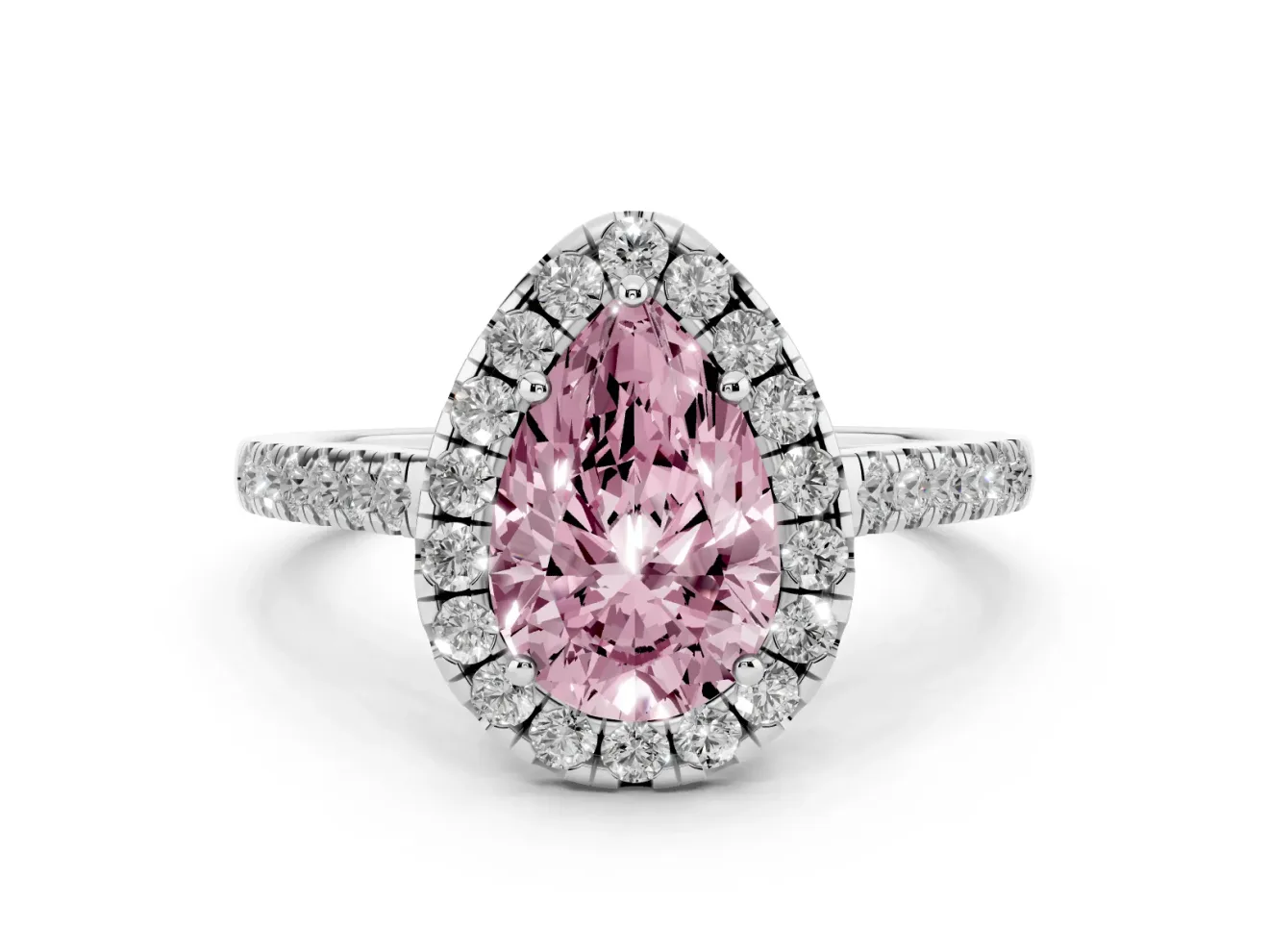 Pear-Shaped Halo Engagement Ring Setting for a Fancy Pink Lab-Grown Diamond | Pave Shoulders | White Gold