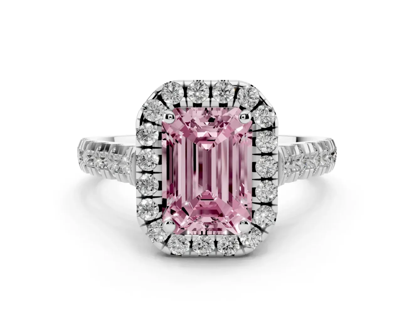 Emerald Cut Accented Halo Engagement Ring Setting for a Fancy Pink Lab-Grown Diamond | White Gold