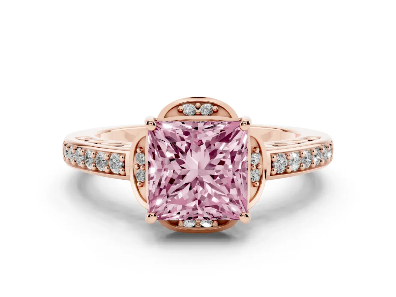 Princess Cut Floral Pavé Engagement Ring Setting for a Fancy Pink Lab-Grown Diamond | Rose Gold