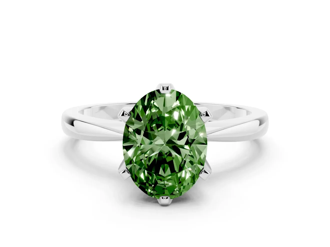 Fancy Green Oval Cut Diamond Solitaire Engagement Ring Set in Silver with Slim Tapered Solitaire Band