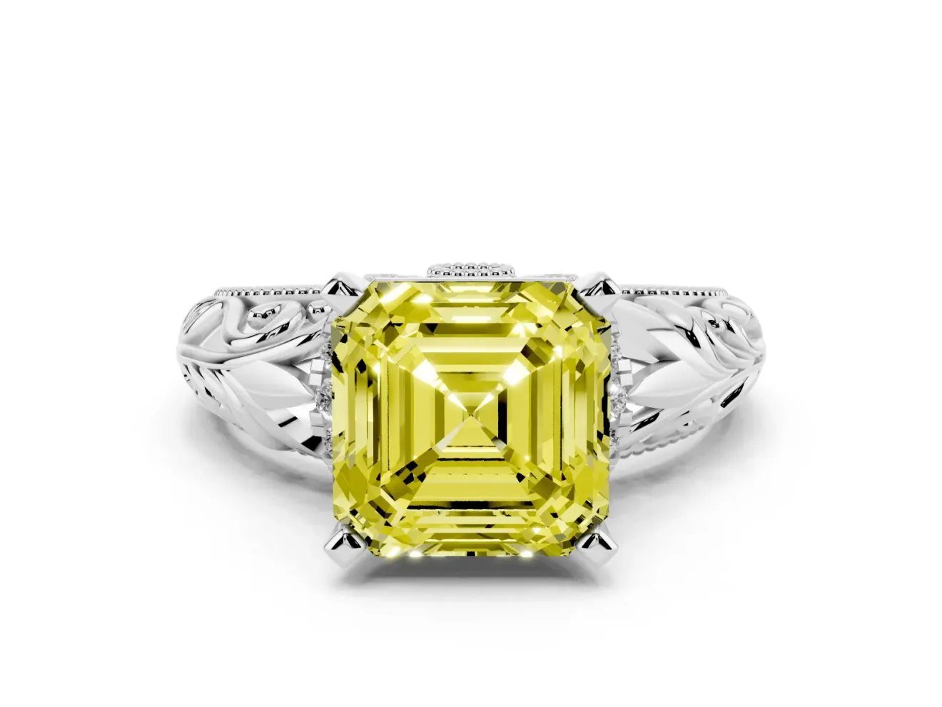 Fancy Yellow Asscher Cut Diamond Filigree Halo Engagement Ring Set in White gold with Prong Setting