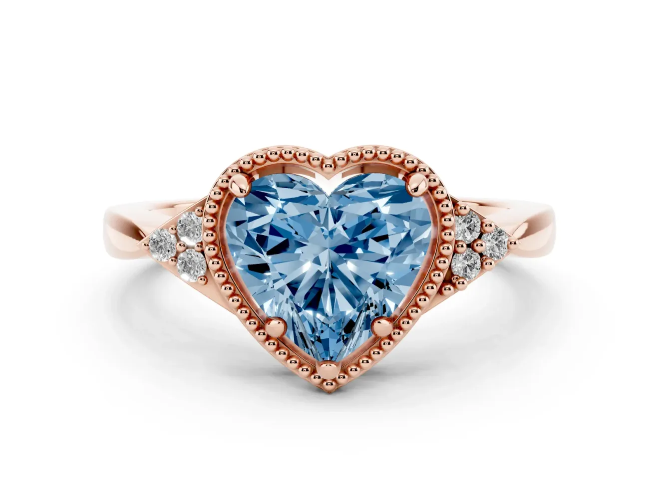 Fancy Blue Heart Cut Diamond Milgrain Solitaire Ring Set in Rose gold with Tapered Pavé Band and Prong Setting