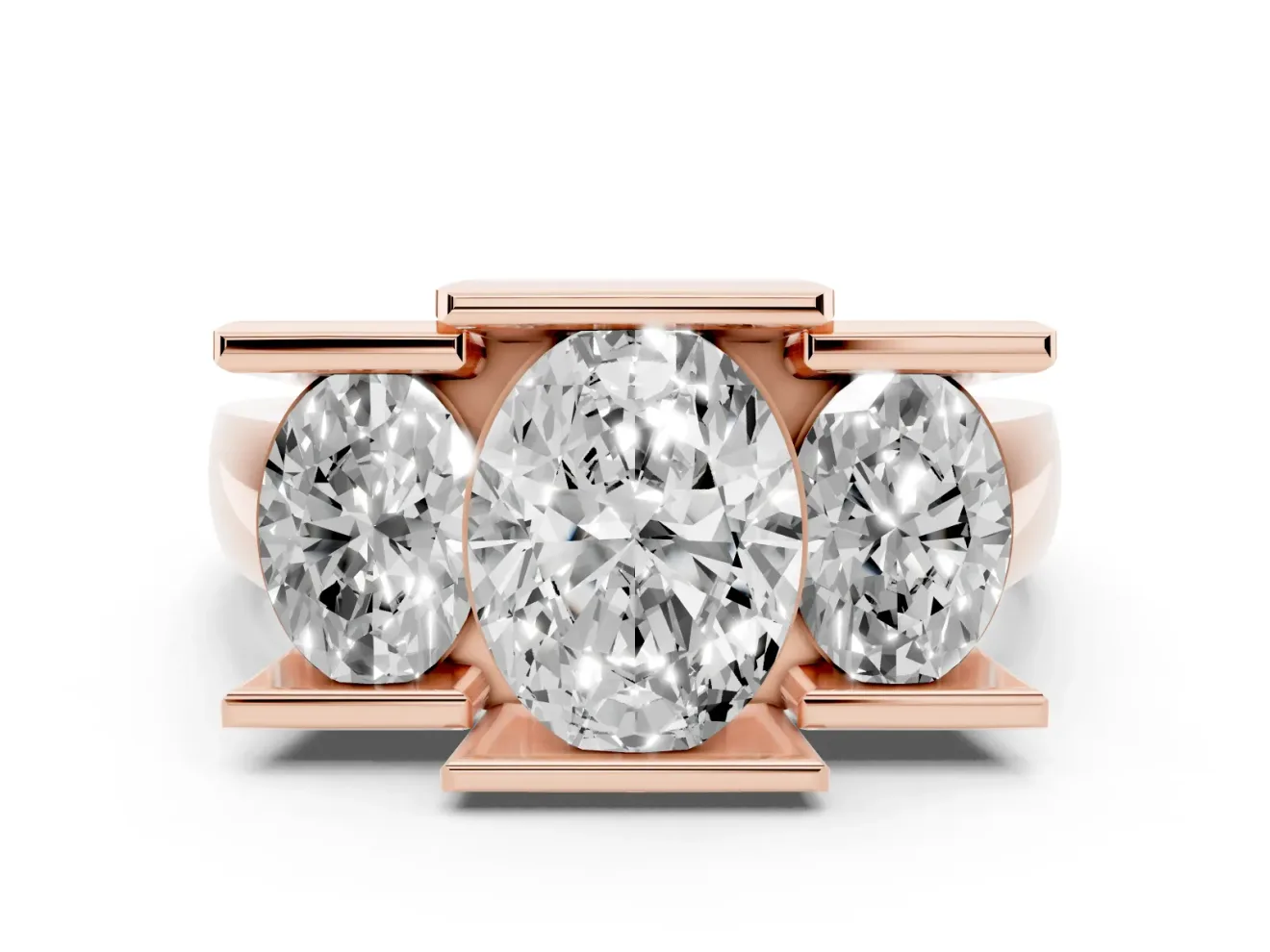 Oval Channel-Set Three Stone Engagement Ring Setting | Wide Flat Band | Rose Gold