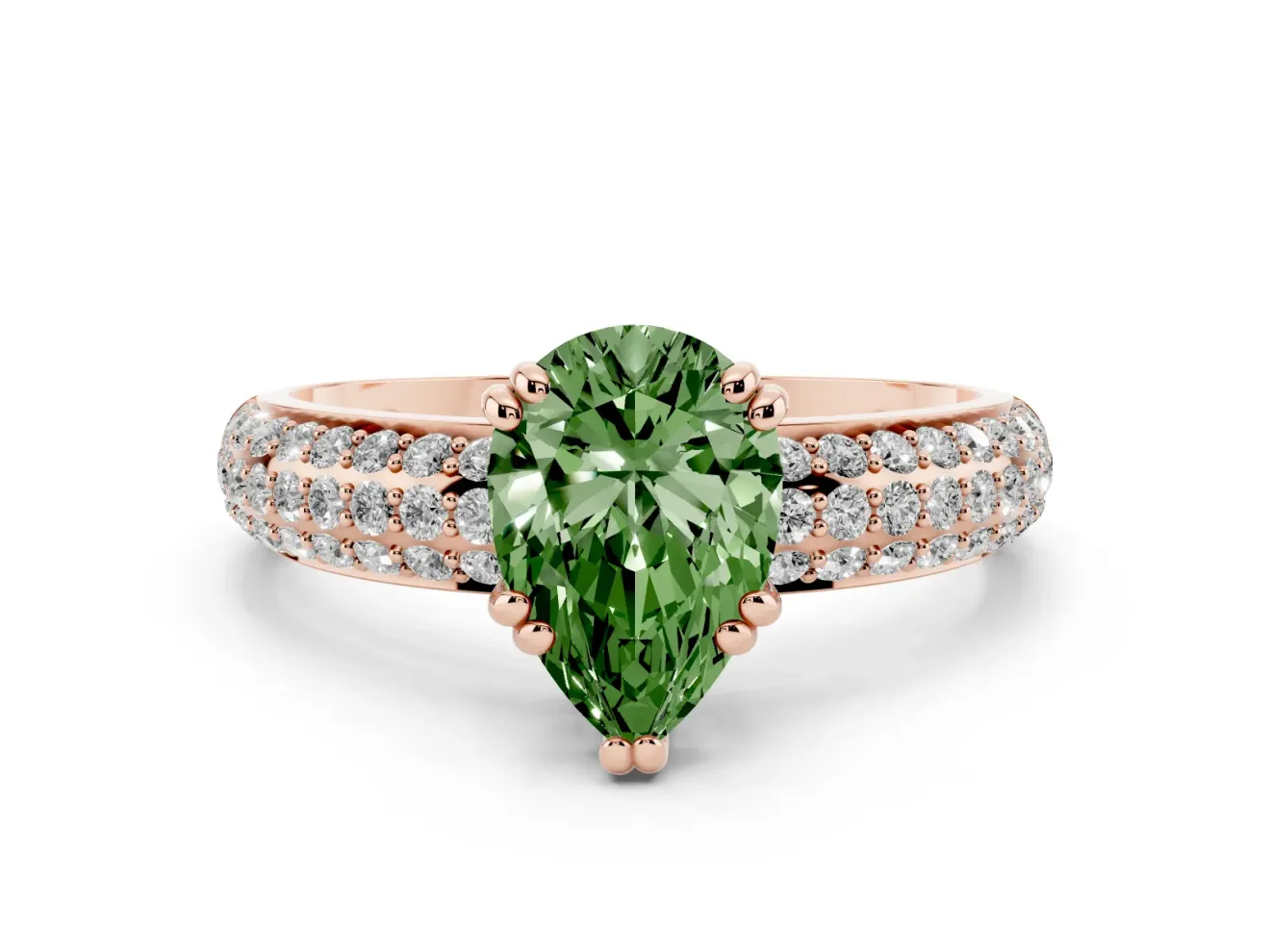 Pear-Shaped Three Row Pave Engagement Ring Setting for a Fancy Green Lab-Grown Diamond | Rose Gold
