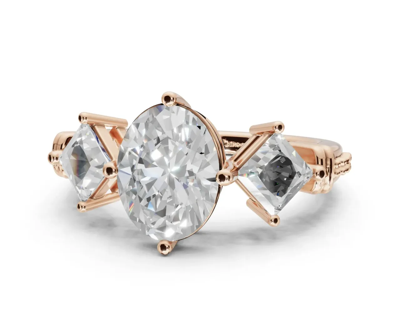 Oval Three Stone Engagement Ring Setting | On-Point Princess Side Stones | Rose Gold