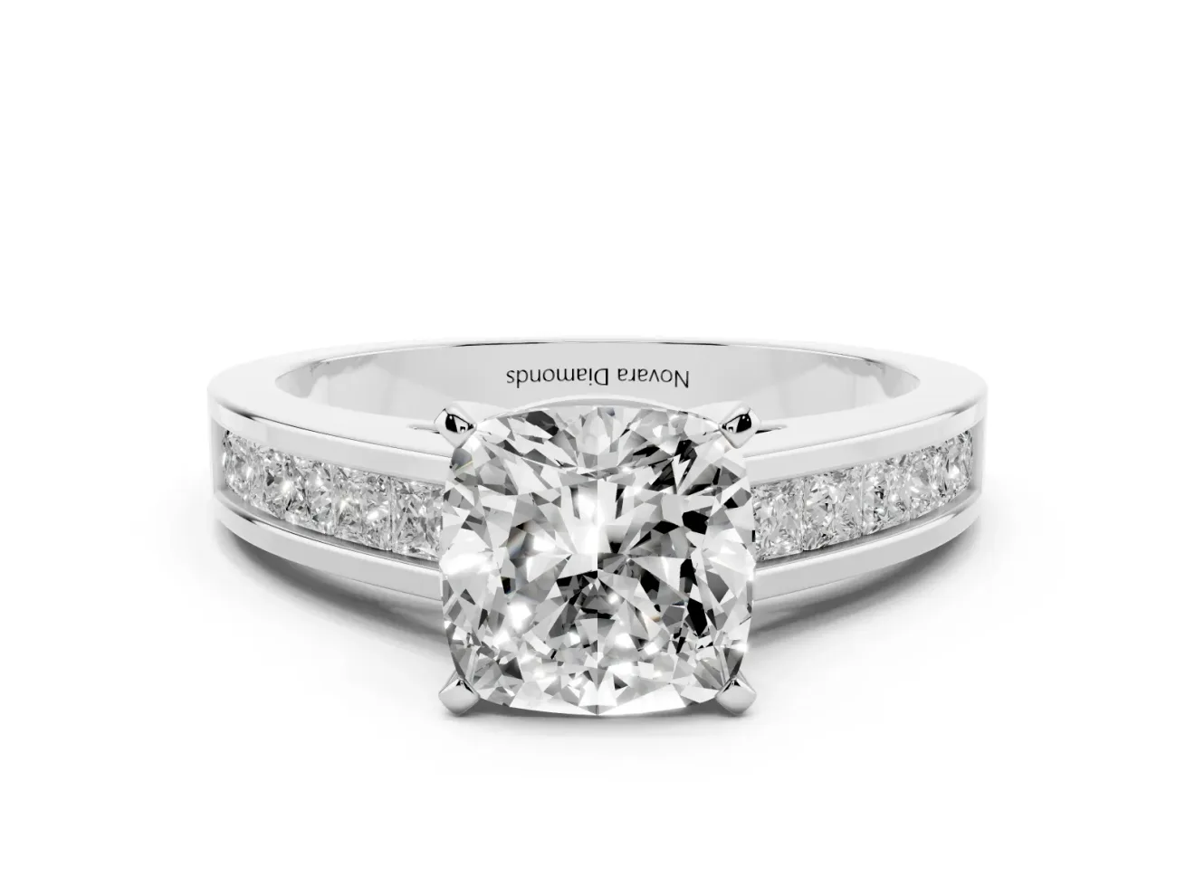 Cushion Cut Diamond Solitaire Ring Set in White gold with Channel-Set Band and Prong Setting