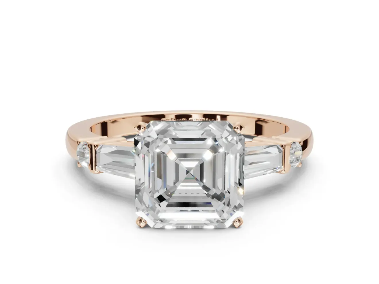 Asscher Cut Tapered Baguette Engagement Ring Setting | Bar Set Sides | Rose Gold