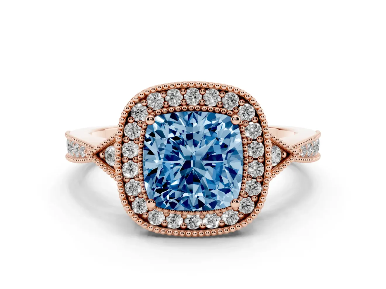 Cushion Cut Milgrain Halo Engagement Ring Setting for a Fancy Blue Lab-Grown Diamond | Graduated Pavé | Rose Gold