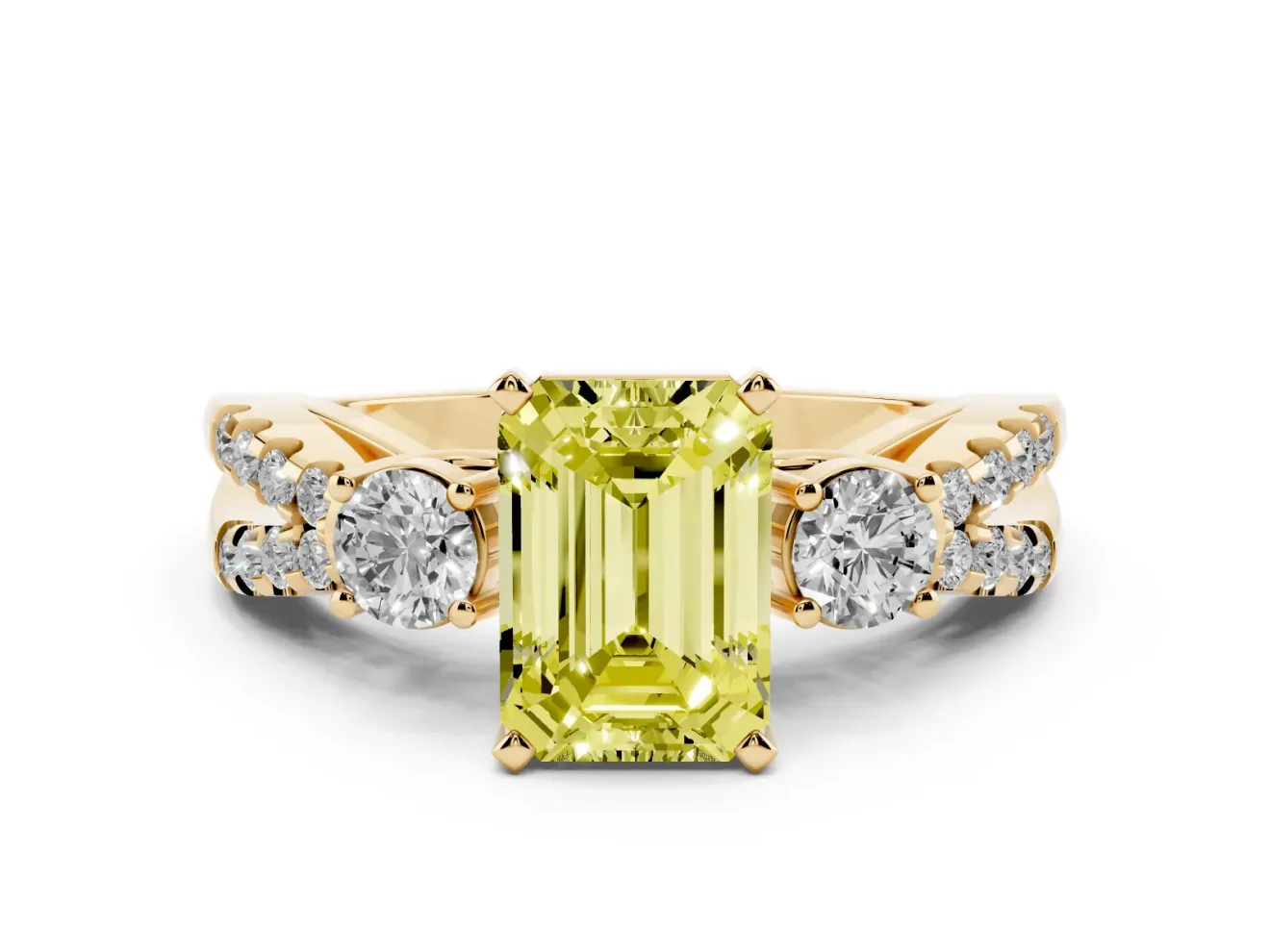 Fancy Yellow Emerald Cut Diamond Three-Stone Ring Set in Yellow gold with Pavé Split Shank and Prong Setting