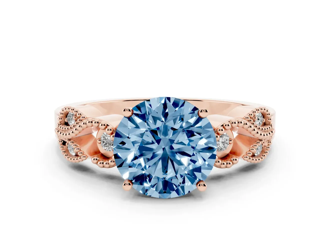 Fancy Blue Round Cut Diamond Milgrain Leaf Band Solitaire Ring Set in Rose gold with Accent Stones and Prong Setting
