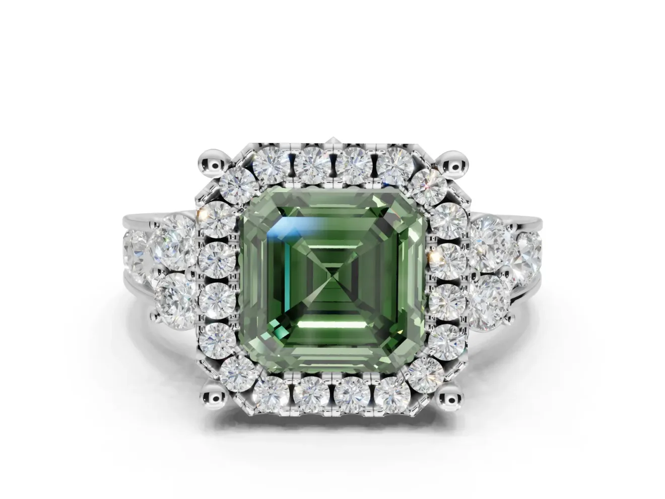 Asscher Cut Halo Engagement Ring Setting for a Fancy Green Lab-Grown Diamond | Graduated Channel Band | Platinum