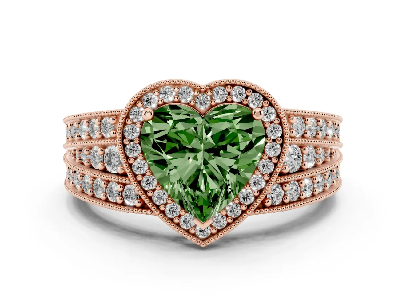 Fancy Green Heart Cut Diamond Halo Ring Set in Rose gold with Accent Split Shank and Prong Setting