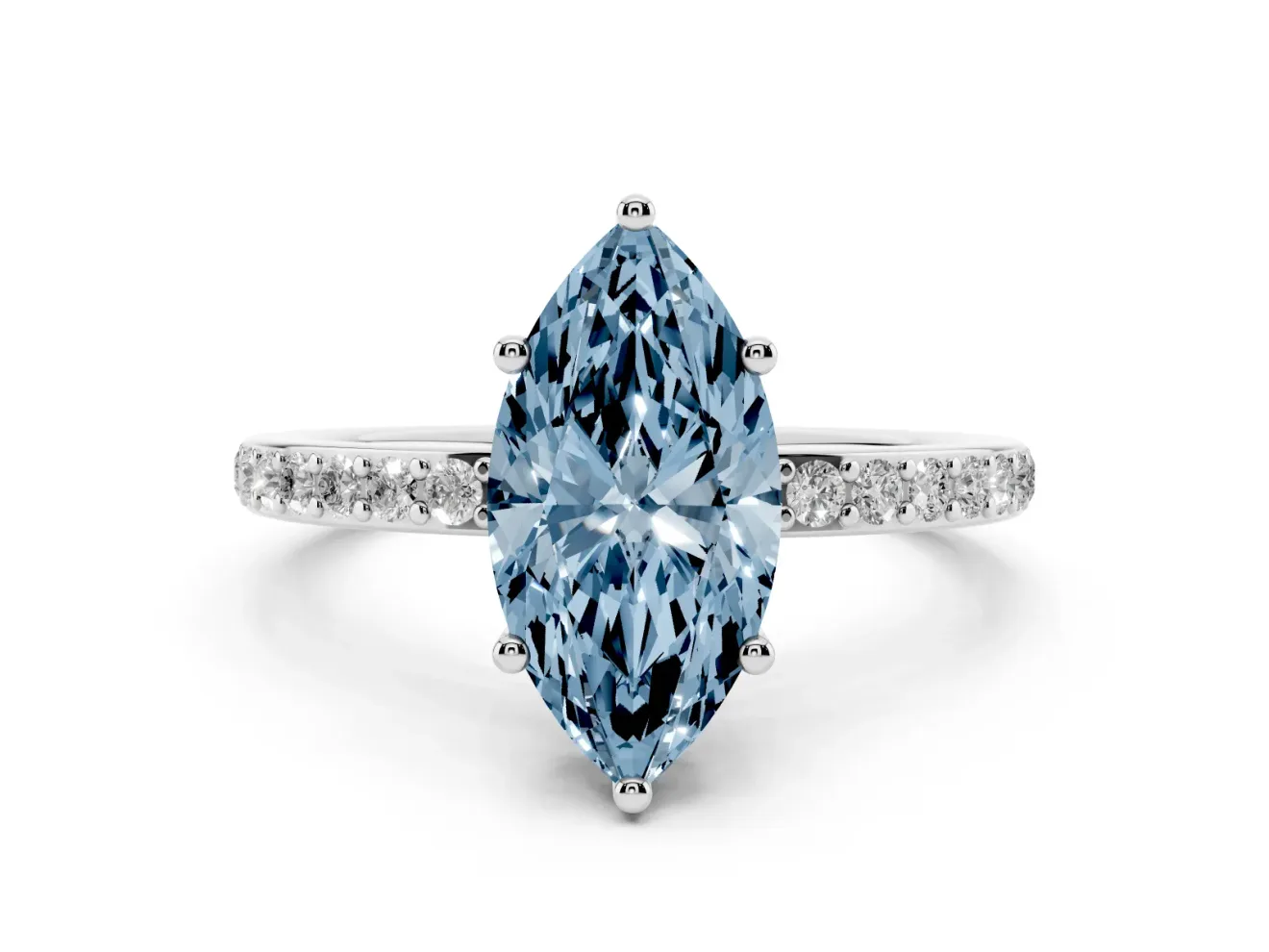 Fancy Blue Marquise Cut Diamond Pavé Band Ring Set in Silver with Prong-Set Center Stone