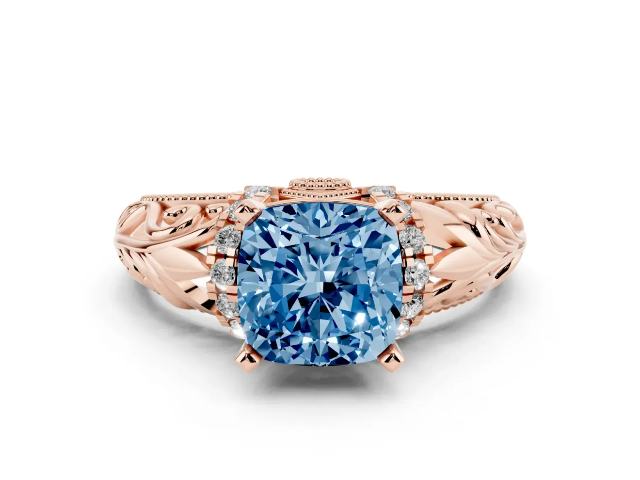 Cushion Cut Filigree Engagement Ring Setting for a Fancy Blue Lab-Grown Diamond | Rose Gold