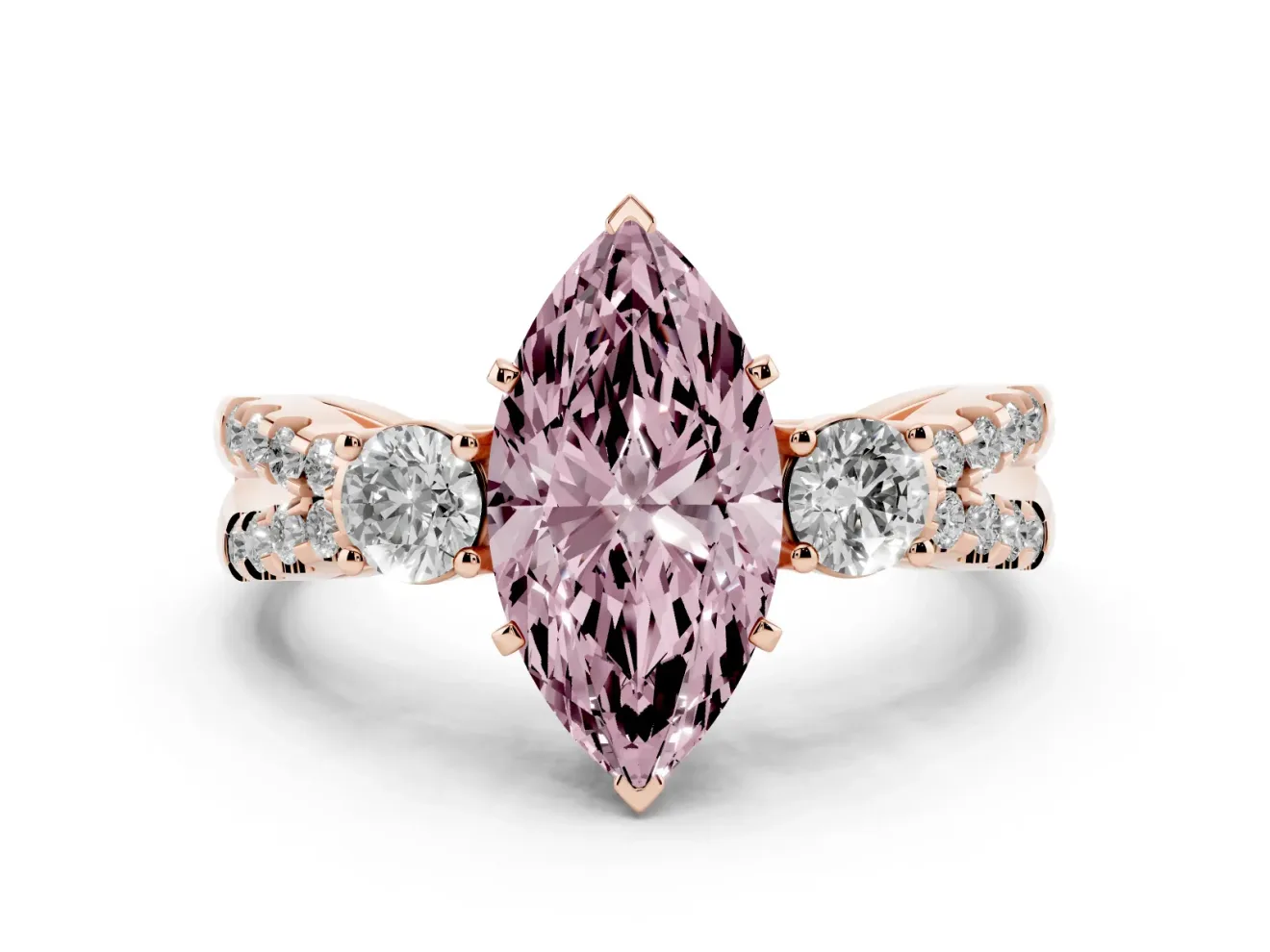 Fancy Pink Marquise Cut Diamond Three-Stone Ring Set in Rose gold with Pavé Split Shank and Prong Setting