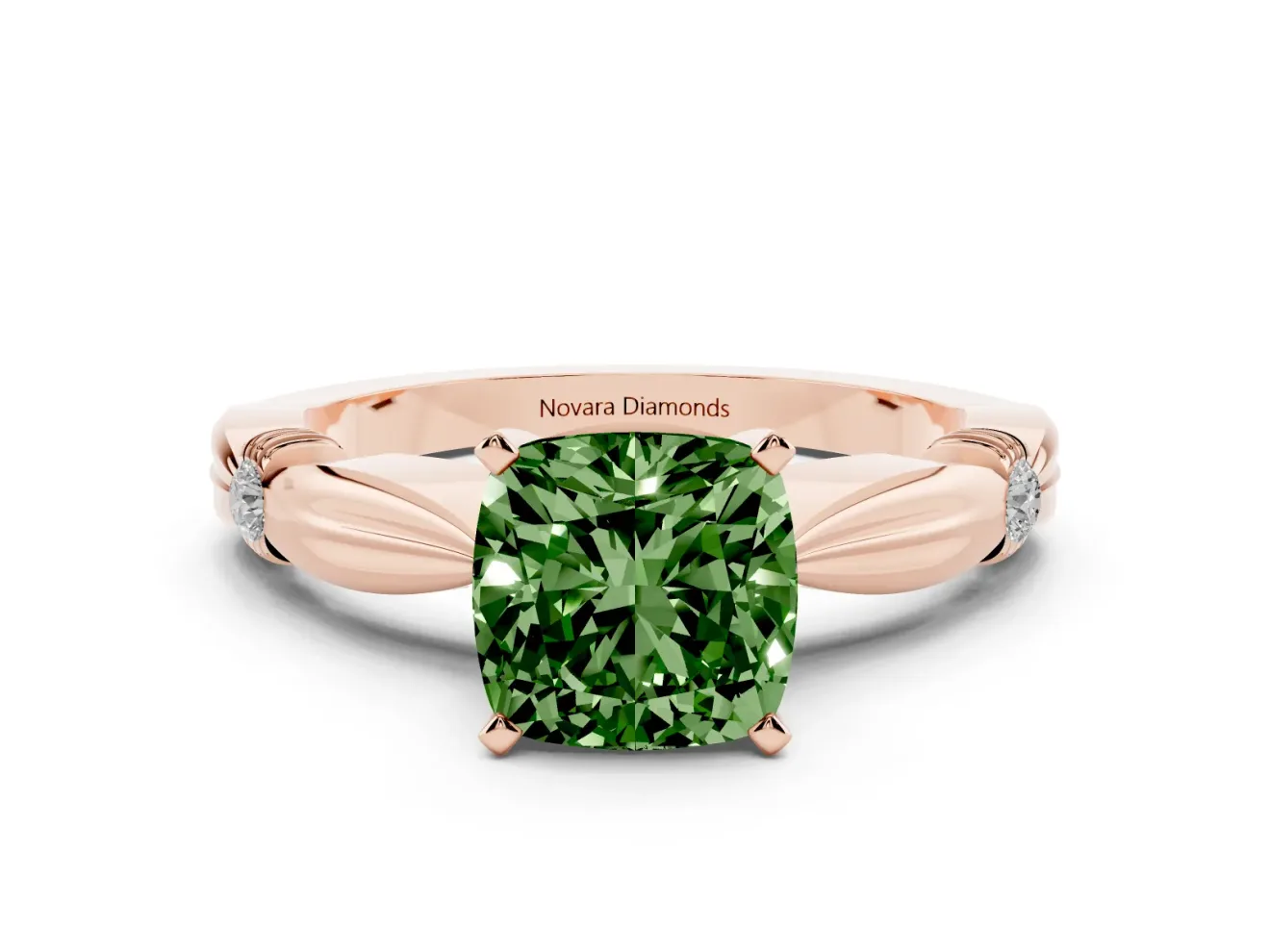 Fancy Green Cushion Cut Diamond Solitaire Twisted Band Ring Set in Rose gold with Accent Stones and Prong Setting