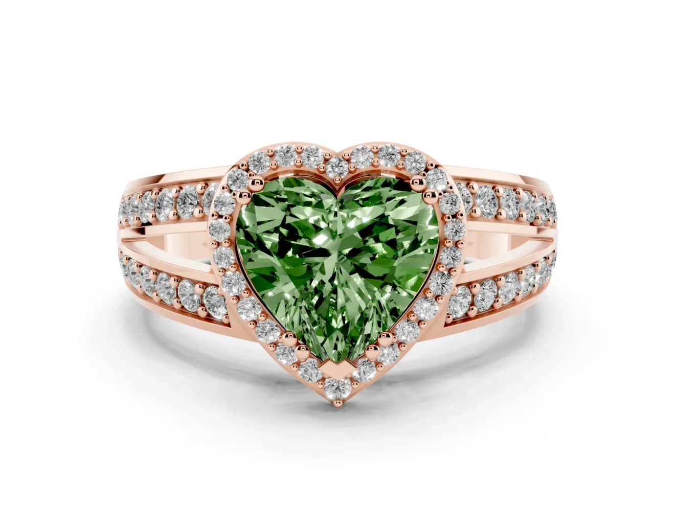 Heart-Shaped Halo Engagement Ring Setting for a Fancy Green Lab-Grown Diamond | Two-Row Pave Split Shank | Rose Gold