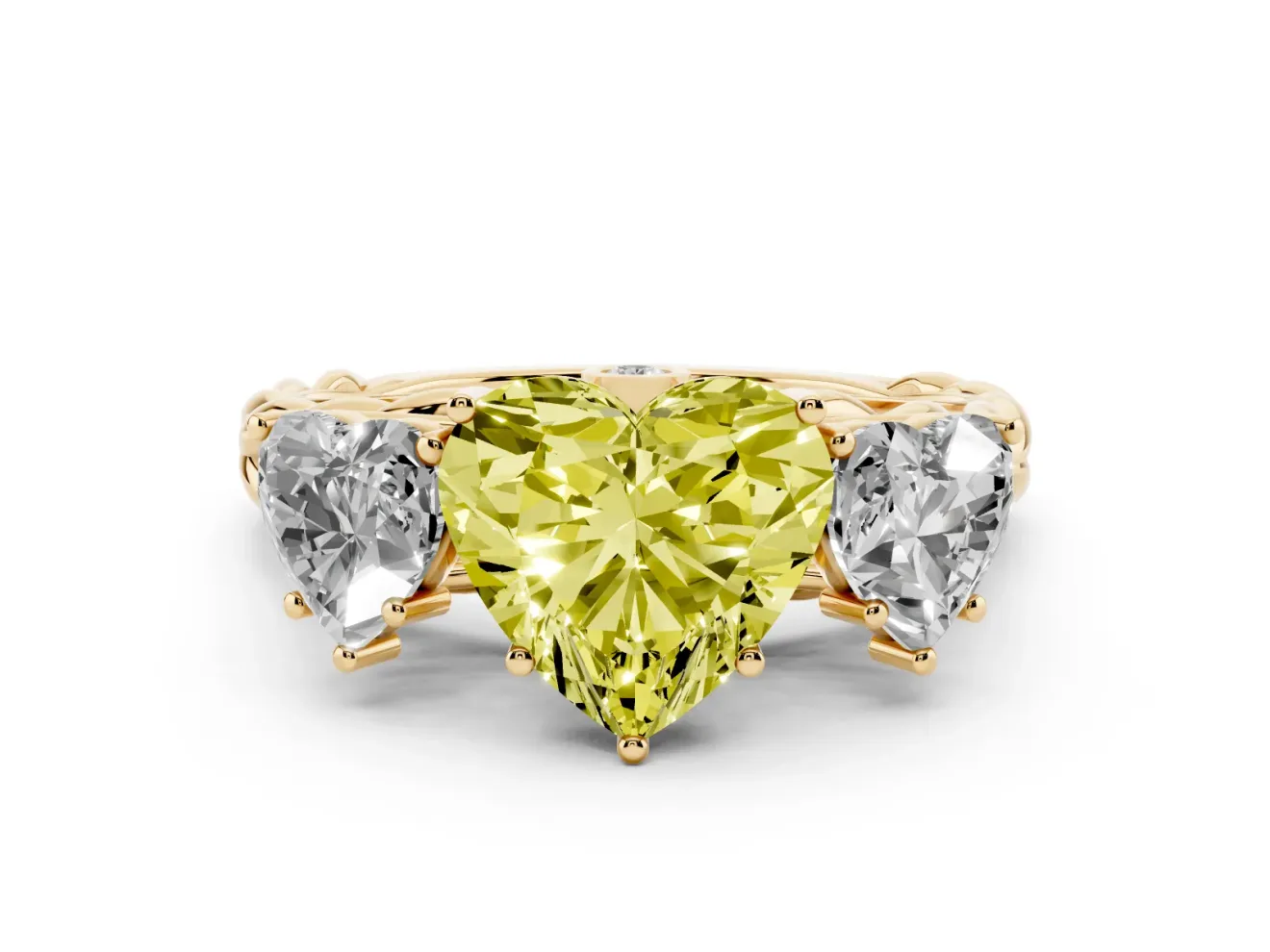 Heart-Shaped Three Stone Engagement Ring Setting for a Fancy Yellow Lab-Grown Diamond | Braided Band | Yellow Gold