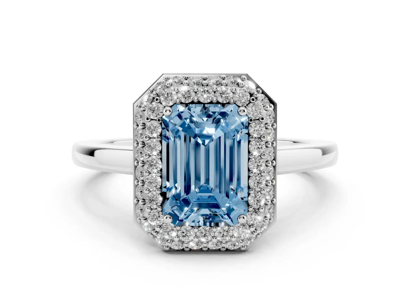 Fancy Blue Emerald Cut Diamond Halo Engagement Ring Set in White gold with Solitaire Band and Prong Setting