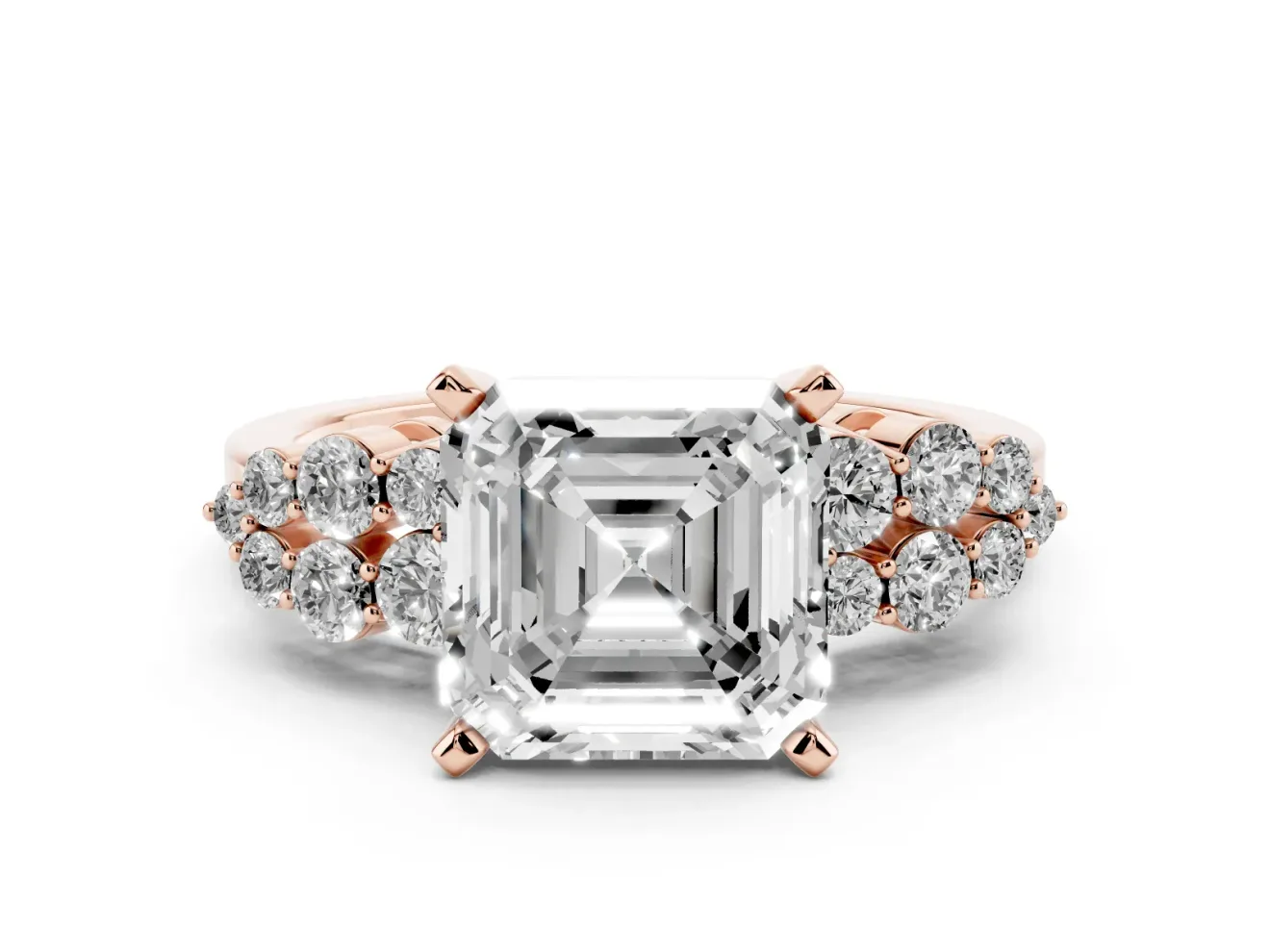 Asscher Cut Diamond Cluster Engagement Ring Set in Rose gold with Pavé Band and Prong Setting