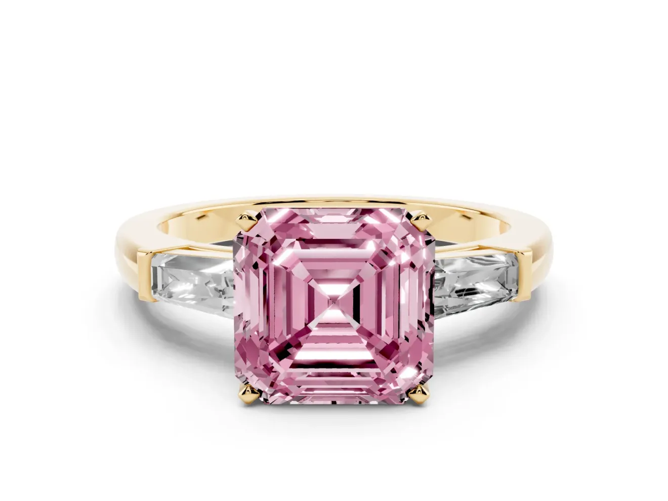 Asscher Cut Three Stone Engagement Ring Setting for a Fancy Pink Lab-Grown Diamond | Tapered Baguettes | Yellow Gold